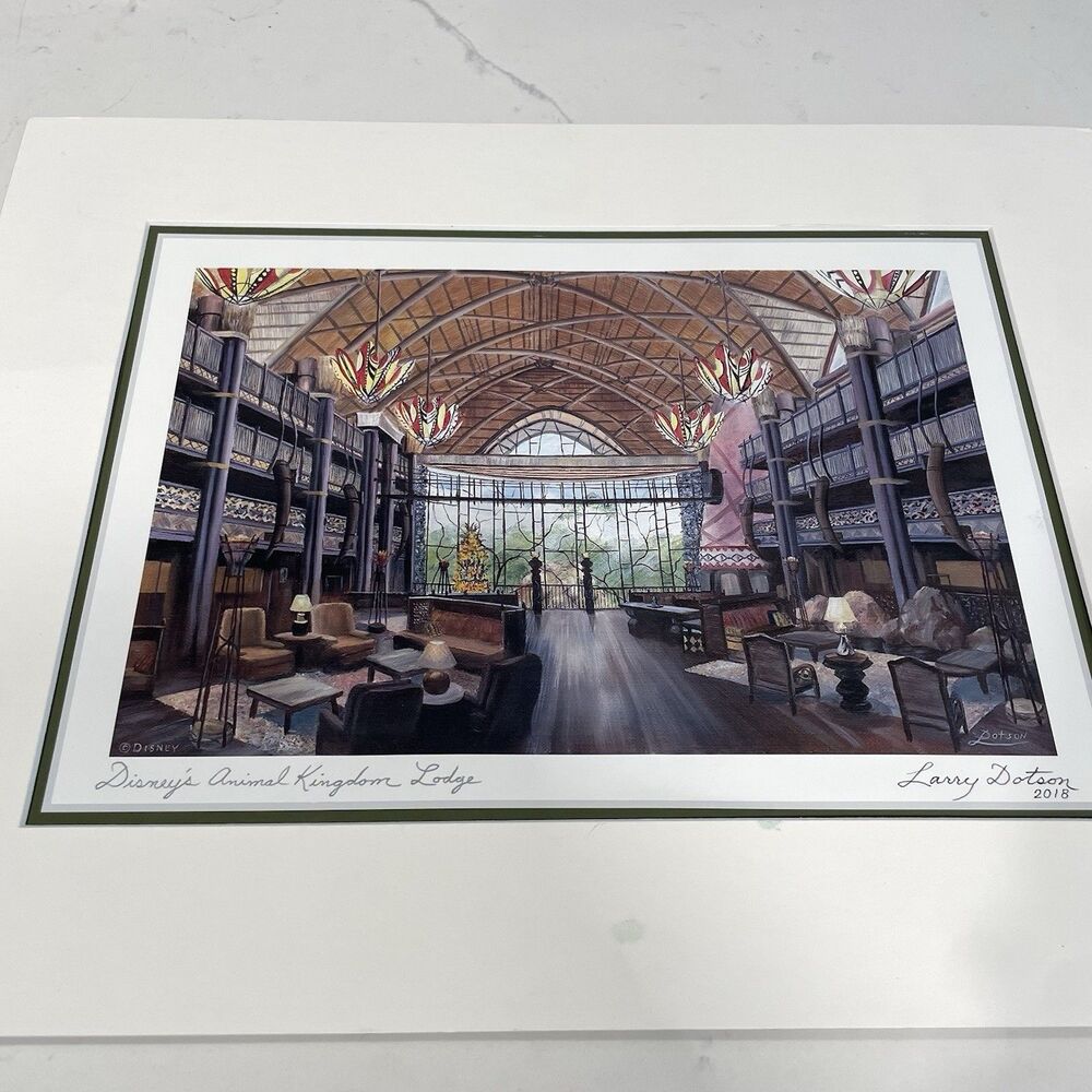 Disney World Art Animal Kingdom Lodge Print Larry Dotson Signed Matted 14x11